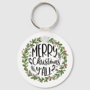 Merry Christmas Y'all Watercolor Wreath Keychain
