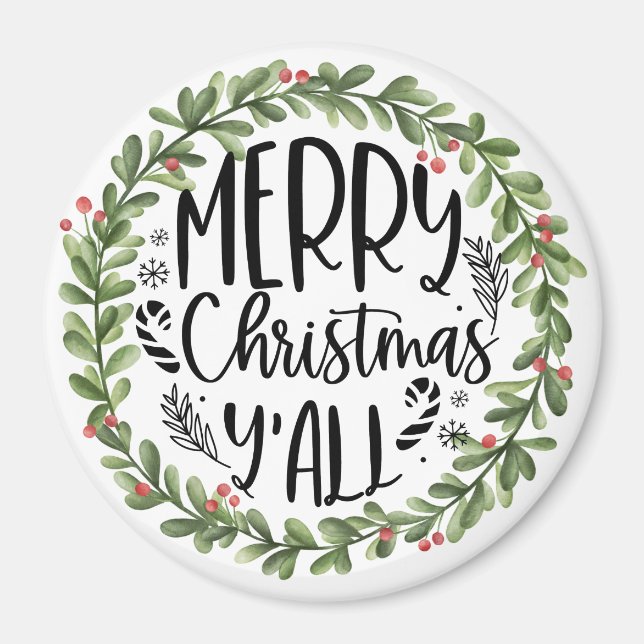 Merry Christmas Y'all Watercolor Wreath Magnet (Front)