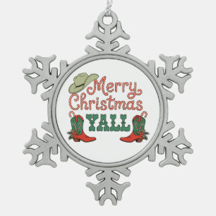 Merry Christmas Yall Western Country Cowboy Xmas Snowflake Pewter Christmas Ornament