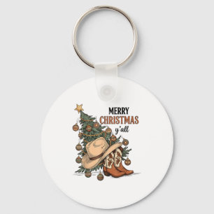 Merry Christmas Y'all Western Cowboy Boots Hat Xma Keychain