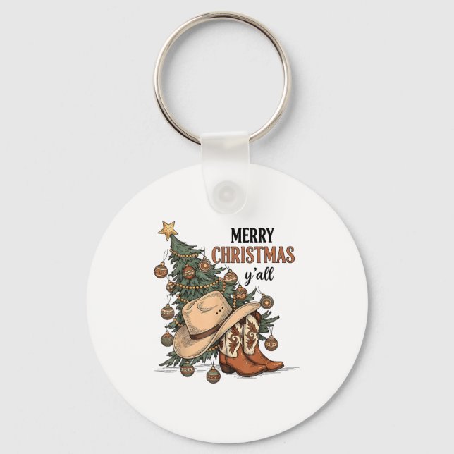Merry Christmas Y'all Western Cowboy Boots Hat Xma Keychain (Front)