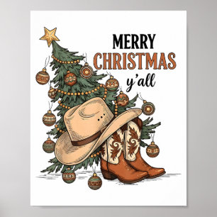 Merry Christmas Y'all Western Cowboy Boots Hat Xma Poster