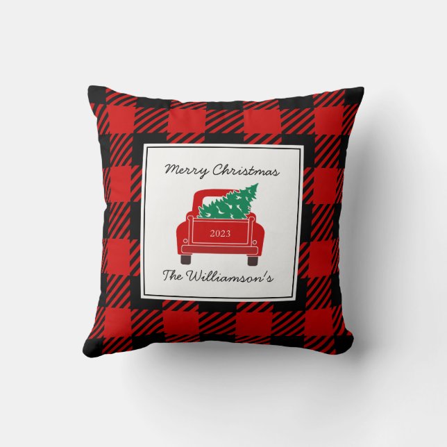 Merry Christmas Year Name Red Truck Tree Festive  Throw Pillow (Back)