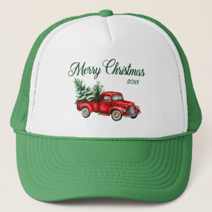 Merry Christmas Year Watercolor Classic Red Truck Trucker Hat