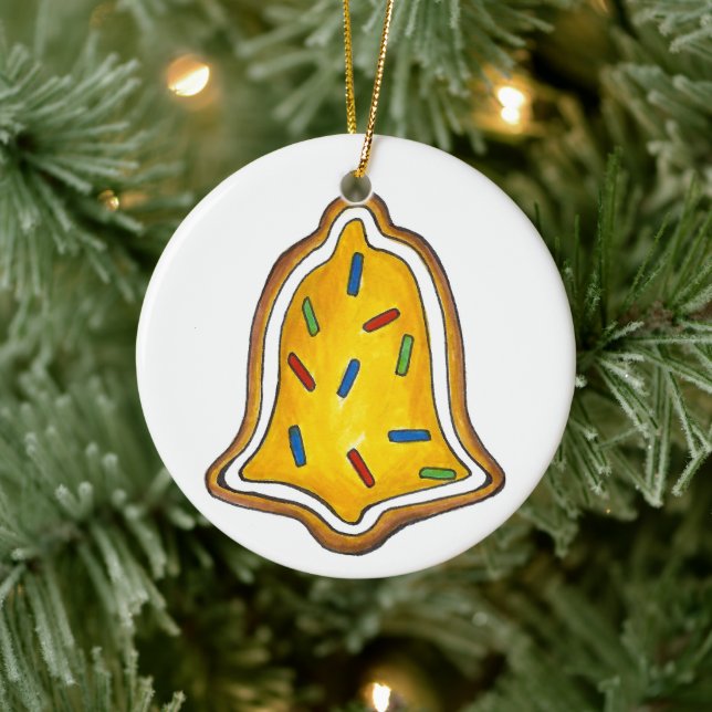 Merry Christmas Yellow Bell Holiday Sugar Cookie Ceramic Ornament (Tree)