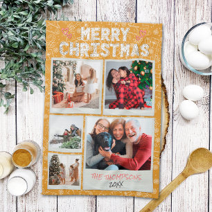 Merry Christmas Yellow Doodles 5 Photo Family Gift Kitchen Towel