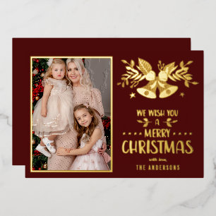 Merry Christmas Yellow Family Photo Foil Holiday Card