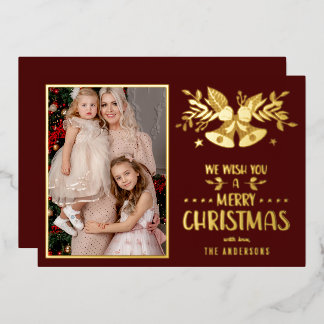 Merry Christmas Yellow Family Photo Foil Holiday Card