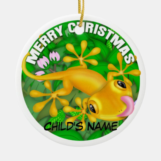 Merry Christmas Yellow Lizard Ceramic Ornament (Front)