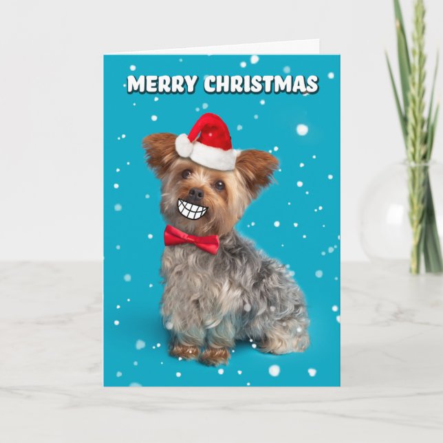 Merry Christmas Yorkie Dog in Santa Hat Smiling Holiday Card (Front)