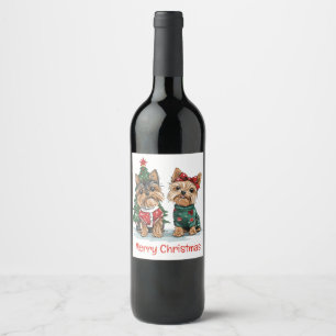Merry Christmas Yorkie Dogs Wine Label