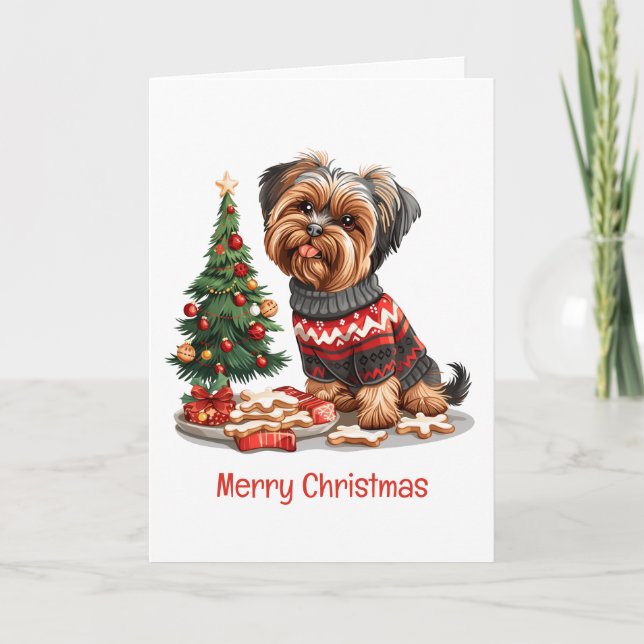 Merry Christmas Yorkshire Terrier Dogs Holiday Card (Front)