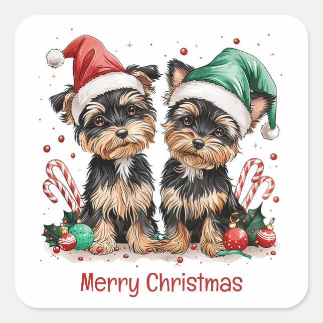 Merry Christmas Yorkshire Terrier Dogs Square Sticker (Front)