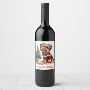Merry Christmas Yorkshire Terrier Dogs Wine Label