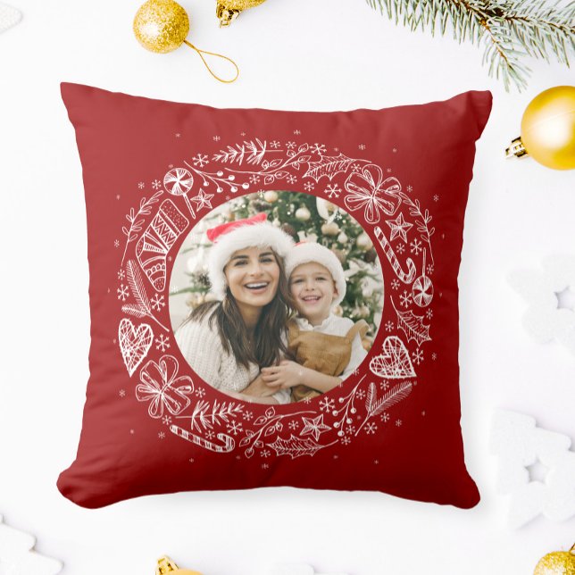 Merry Christmas Your Photo Gold wreath Red Throw Pillow (Creator Uploaded)