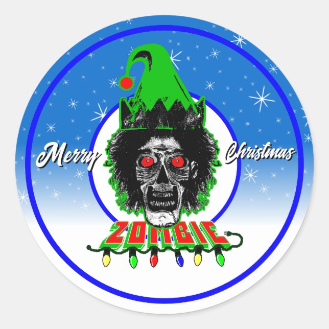 Merry Christmas Zombie White Script Classic Round Sticker (Front)
