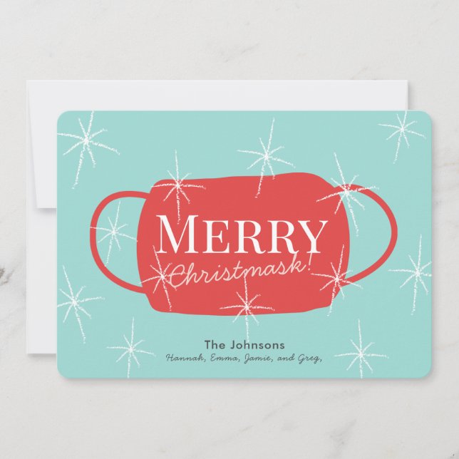 Merry Christmask Retro Turquoise Christmas Card (Front)