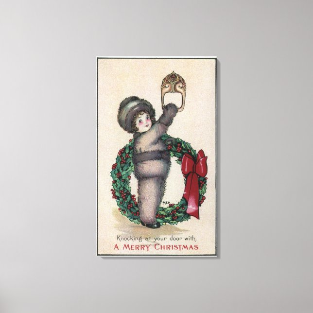 Merry ChristmasKid Knocking with a Wreath Canvas Print (Front)