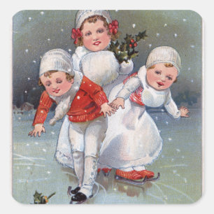 Merry ChristmasLittle Kids Ice Skating Square Sticker