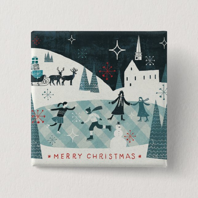 Merry Christmastime Skating Scene 2 Inch Square Button (Front)