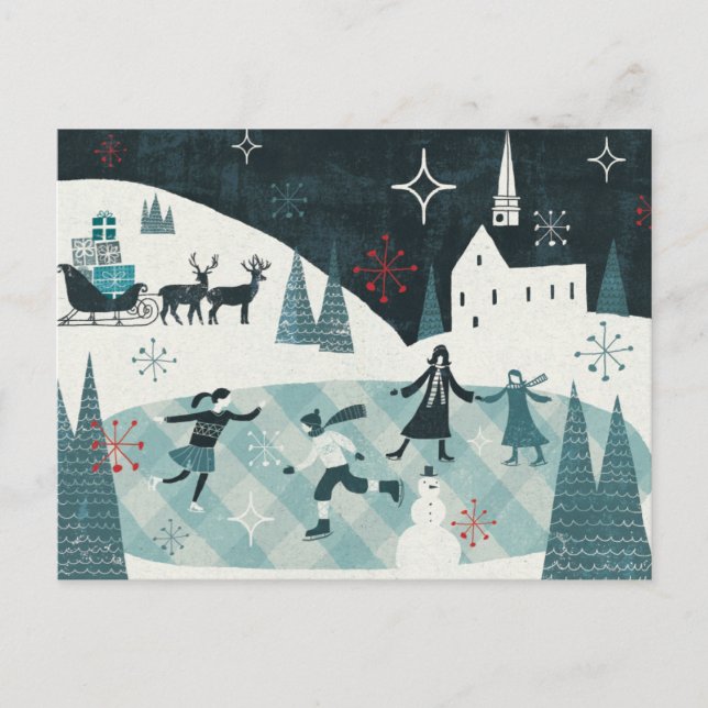 Merry Christmastime Skating Scene Holiday Postcard (Front)