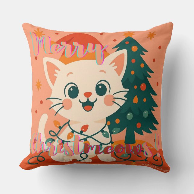 Merry Christmeows! Cat Throw Pillow (Front)