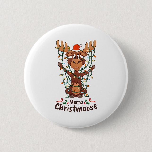 Merry Christmoose Christmas Moose Xmas Tree Lights 2 Inch Round Button (Front)