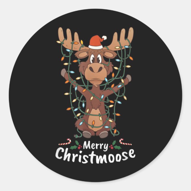 Merry Christmoose Christmas Moose Xmas Tree Lights Classic Round Sticker (Front)