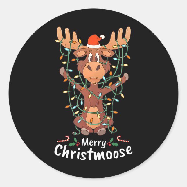 Merry Christmoose Christmas Moose Xmas Tree Lights Classic Round Sticker (Front)