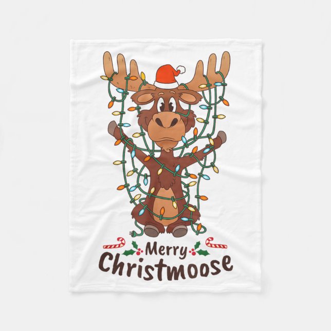 Merry Christmoose Christmas Moose Xmas Tree Lights Fleece Blanket (Front)