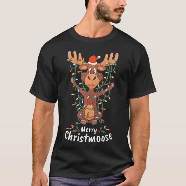 Merry Christmoose Christmas Moose Xmas Tree Lights T-Shirt (Front)