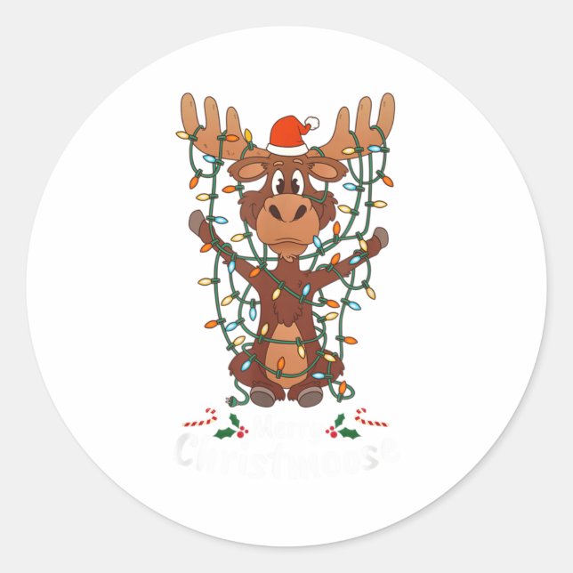 Merry Christmoose Christmas Mooses Xmas Tree Light Classic Round Sticker (Front)