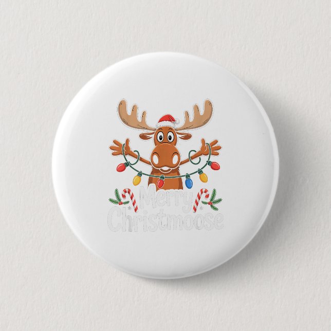 Merry Christmoose Christmas Tree Lights Santa Hat  2 Inch Round Button (Front)