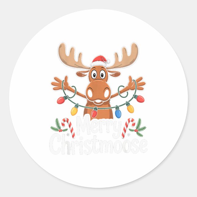 Merry Christmoose Christmas Tree Lights Santa Hat  Classic Round Sticker (Front)