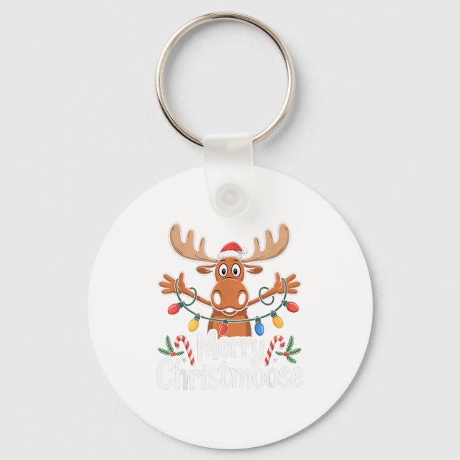 Merry Christmoose Christmas Tree Lights Santa Hat  Keychain (Front)