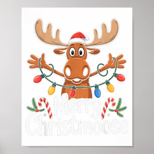 Merry Christmoose Christmas Tree Lights Santa Hat Poster