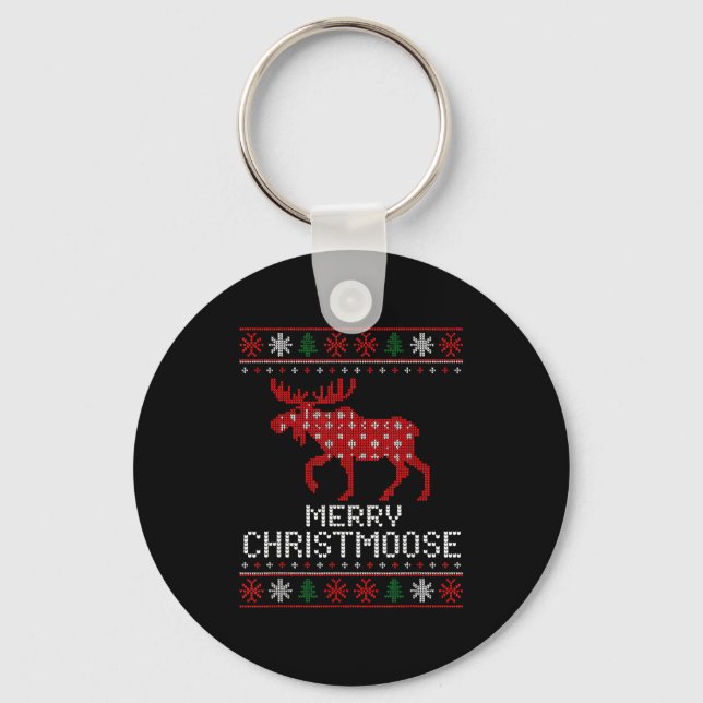 Merry Christmoose Funny Christmas Moose Sweater An Keychain (Front)