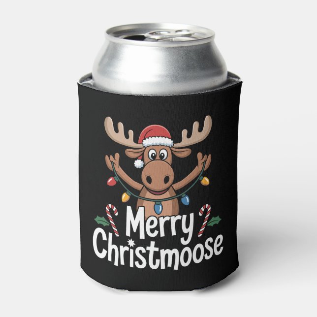 Merry Christmoose Moose Santa Hat Holiday Lights Can Cooler (Can Front)