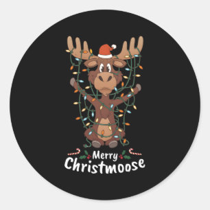 Merry Christmoose Moose Tree Lights Classic Round Sticker