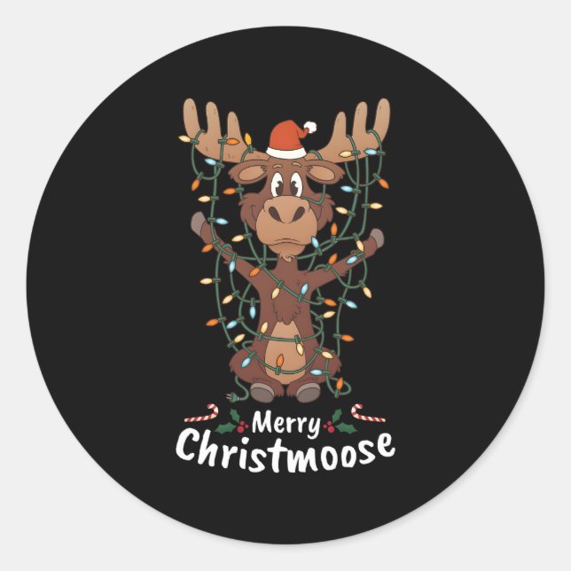 Merry Christmoose Moose Tree Lights Classic Round Sticker (Front)