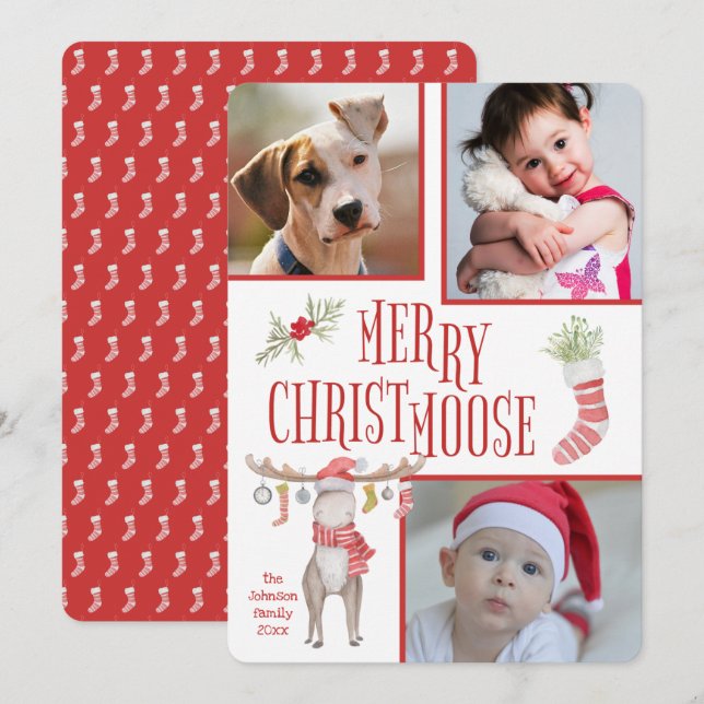 Merry "Christmoose" Three Photo Christmas Card (Front/Back)