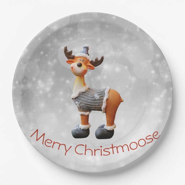Merry Christmoose wearing a hat Paper Plate (Front)