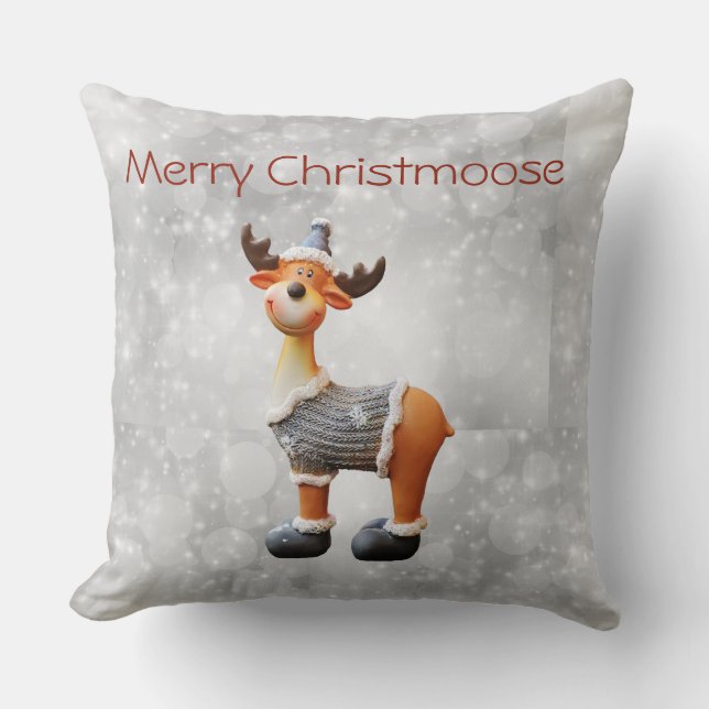 Merry Christmoose wearing a hat Throw Pillow (Front)