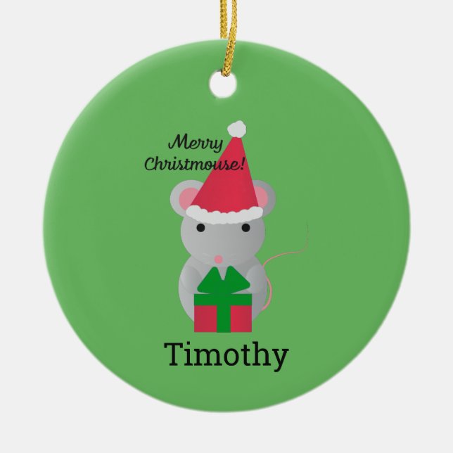 Merry Christmouse Cute Christmas Mouse Ceramic Ornament (Front)