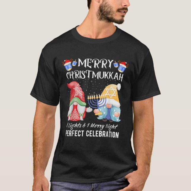 Merry Christmukkah Fun Gnomes Menorah 8 Lights Nig T-Shirt (Front)