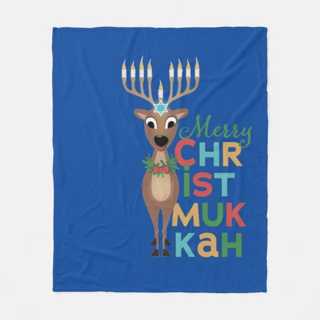 Merry Christmukkah Reindeer Fleece Blanket (Front)