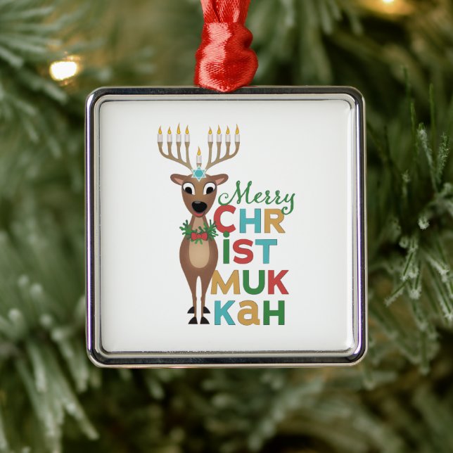 Merry Christmukkah Reindeer Metal Ornament (Tree)
