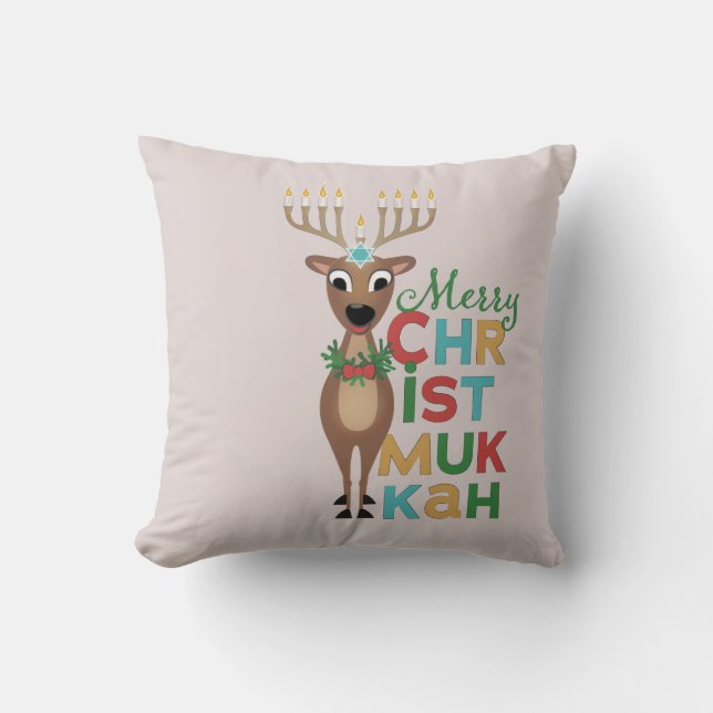 Merry Christmukkah Reindeer Throw Pillow (Front)
