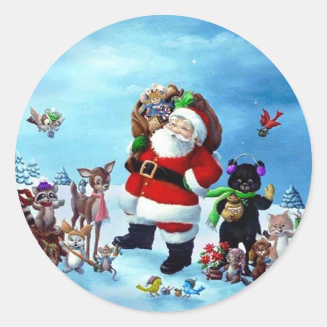 Merry Chrstimas Santa Claus With Animals Classic Round Sticker (Front)
