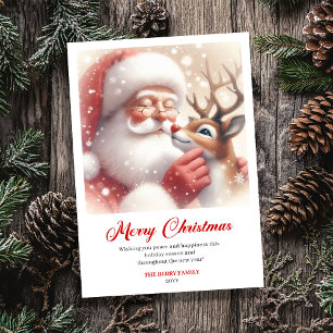 Merry Classic Santa With Rudolph Christmas Greetin Holiday Card